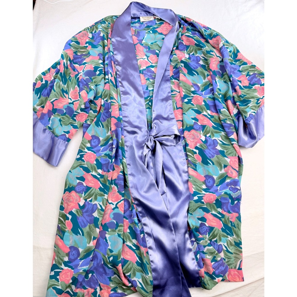 Vintage Victorias Secret Gold Label Floral Robe Satin Trim Purple Pink OS